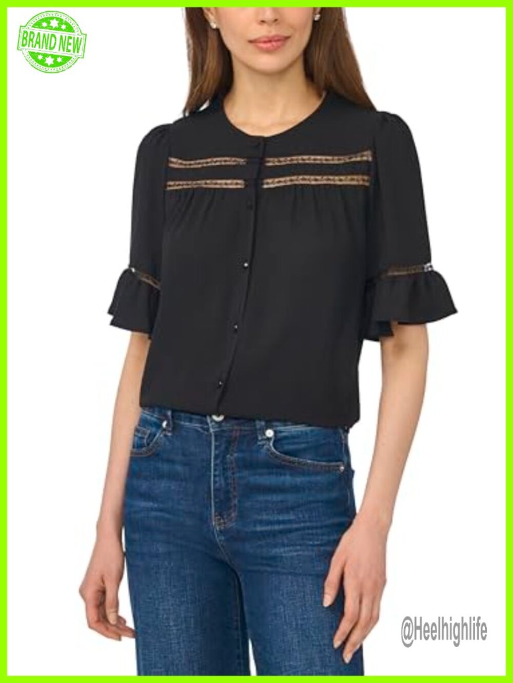 Lace Trim Ruffle Sleeve Tunic Blouse Round Neck Pullover